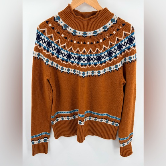 J. Crew Sweaters - J.Crew women’s rollneck fair isle lambs wool sweater burnt orange turquoise sz L